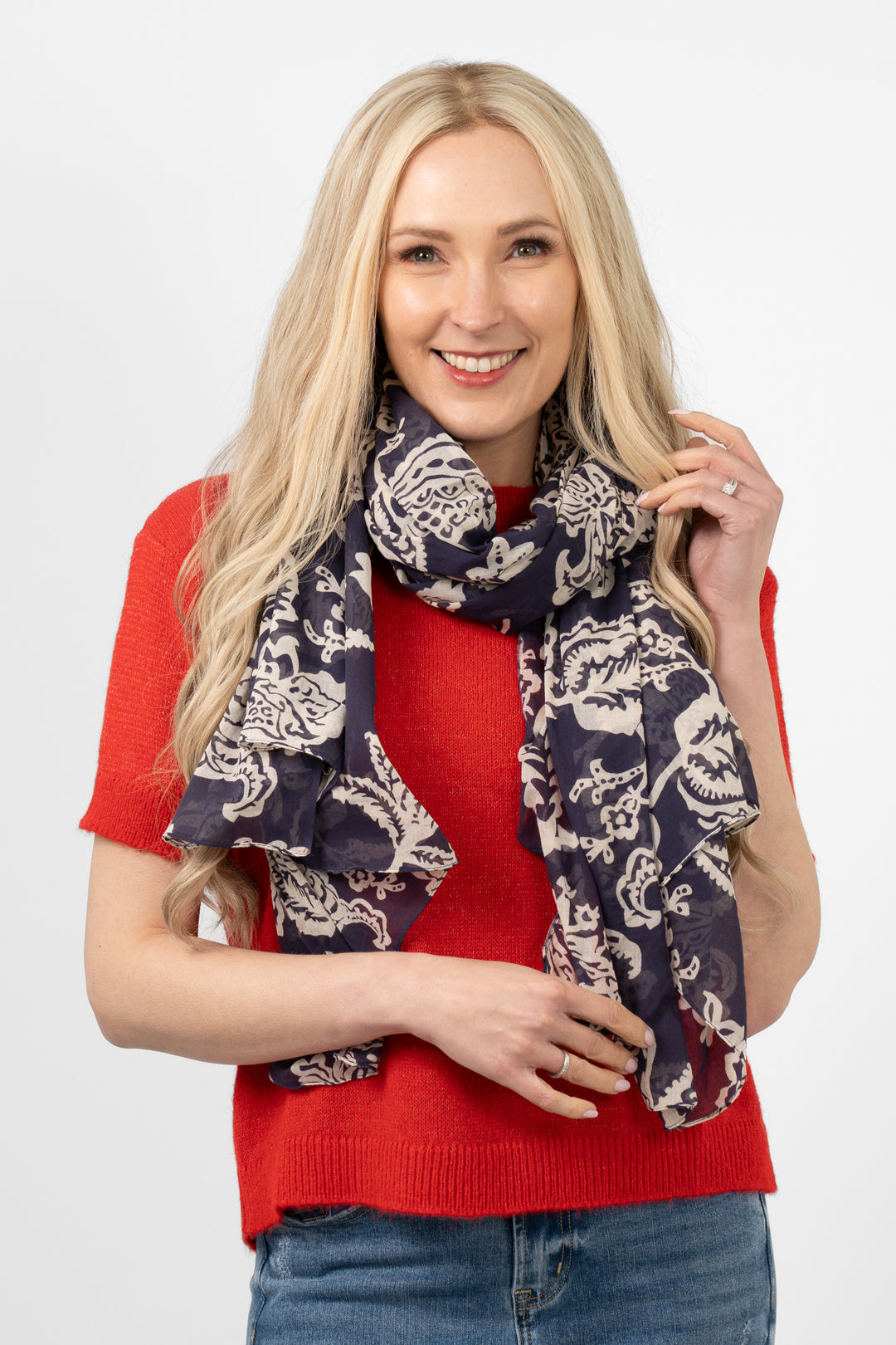 bodhi-lightweight-cotton-scarf-navy-blue-floral-print-on-model