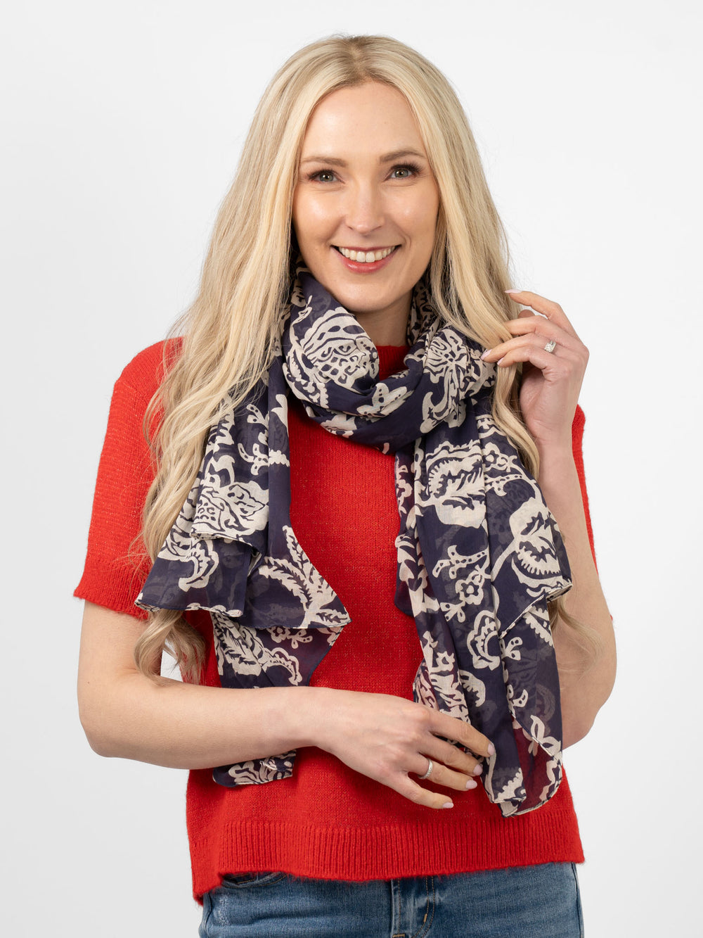 bodhi-lightweight-cotton-scarf-navy-blue-floral-print-on-model