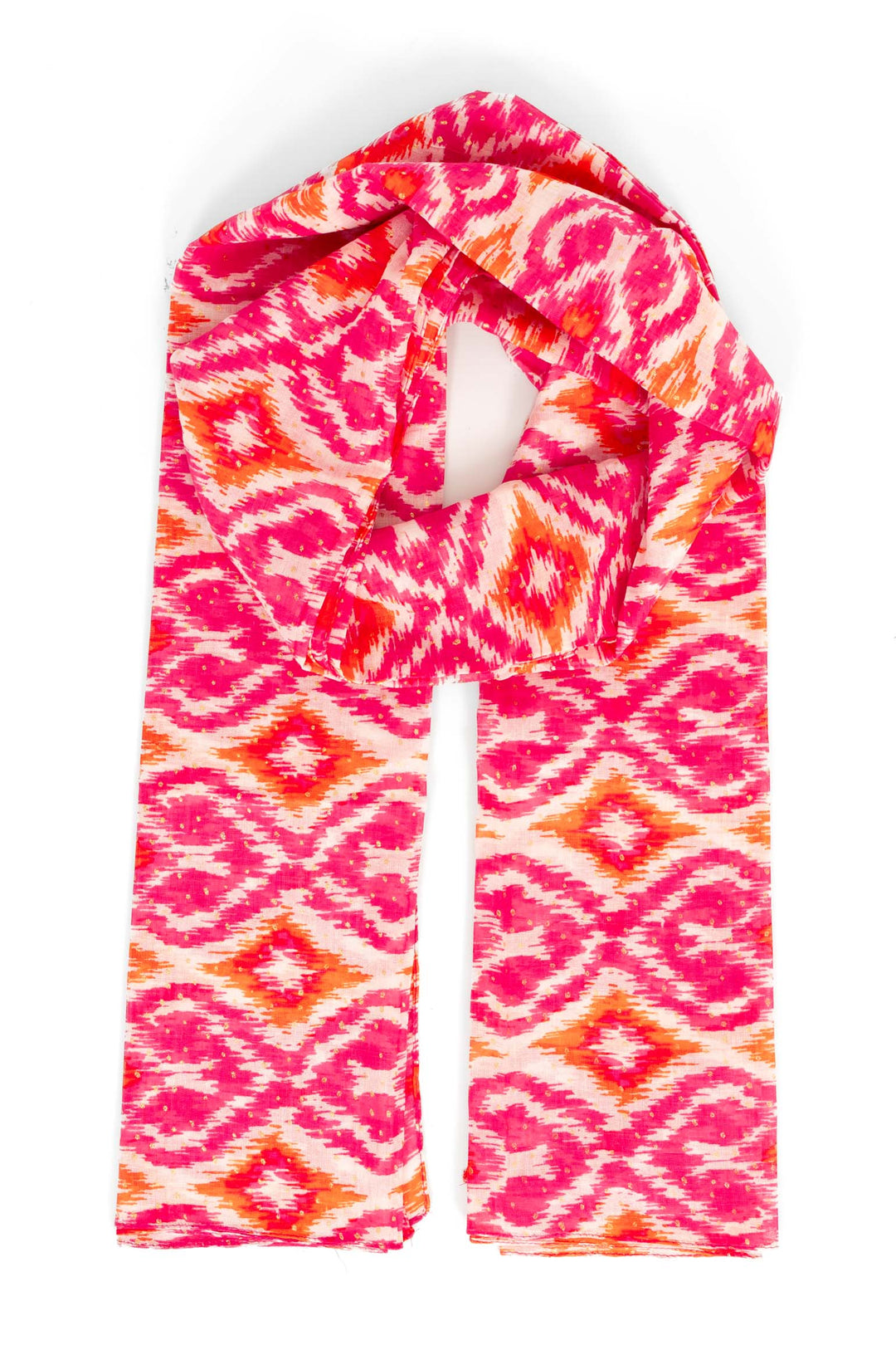 rani-lightweight-cotton-scarf-pink-orange-aztec-print-ornate-patterned