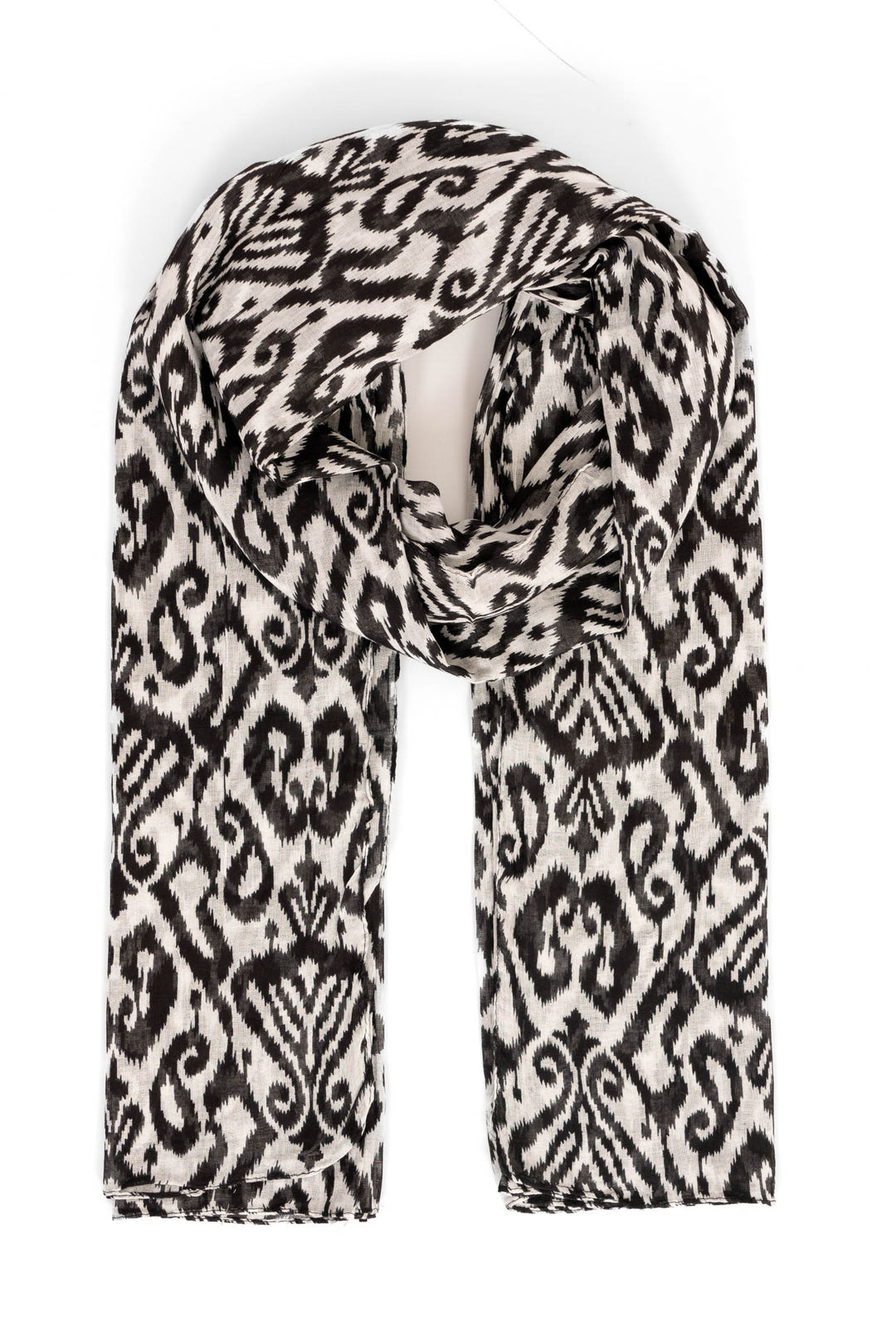 saffron-lightweight-cotton-scarf-black-damask-print-bold-pattern-cream-background