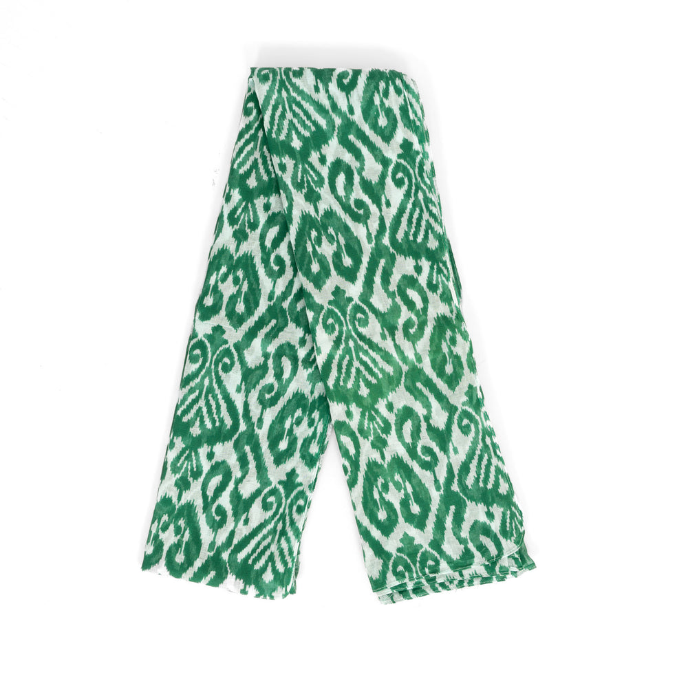 saffron-lightweight-cotton-scarf-green-damask-folded-showing-pattern-covering-entire-design