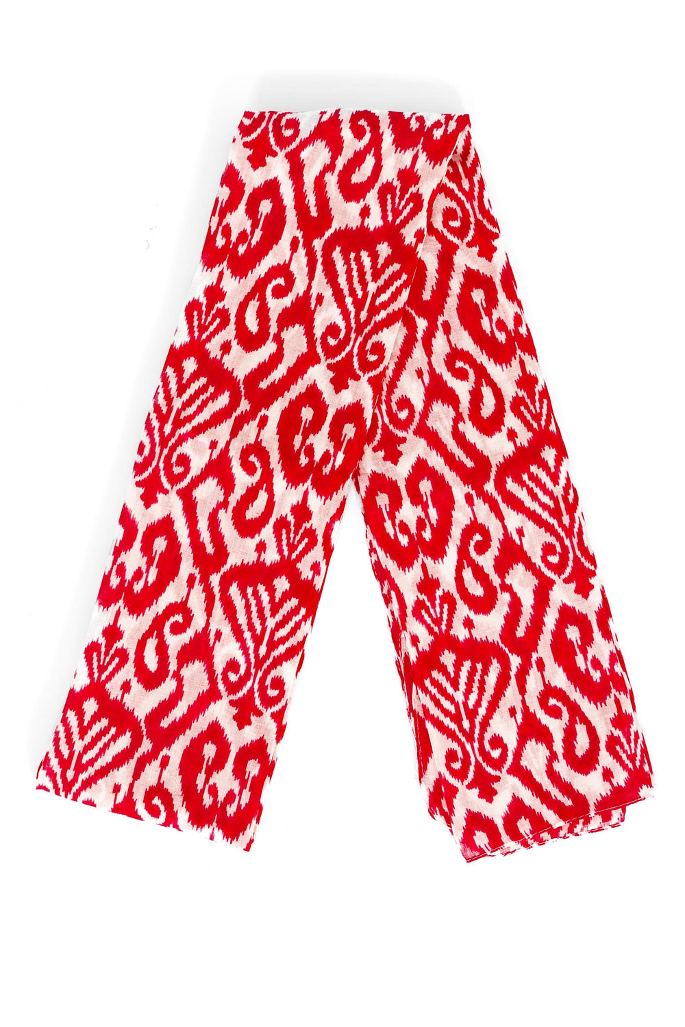 saffron-lightweight-cotton-scarf-red-damask-print-folded-showing-pattern-covering-entire-design