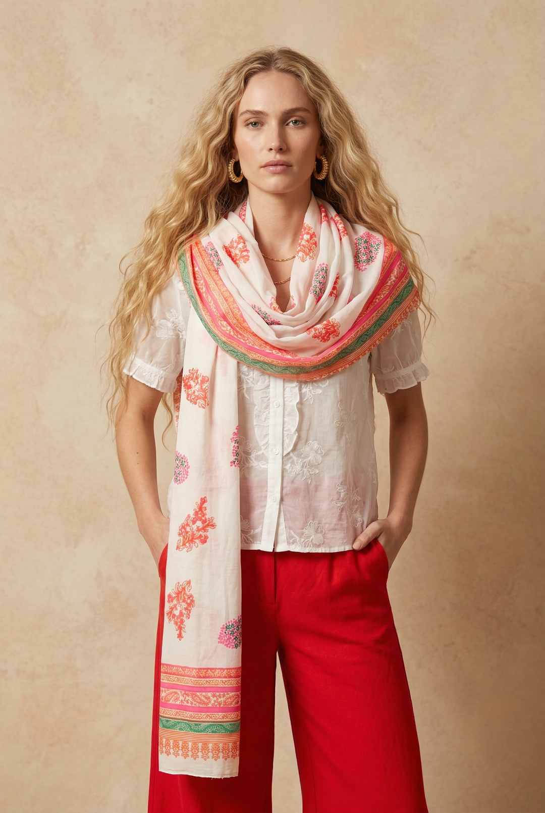Paisley-and-leaf-print-scarf-cream-and-orange