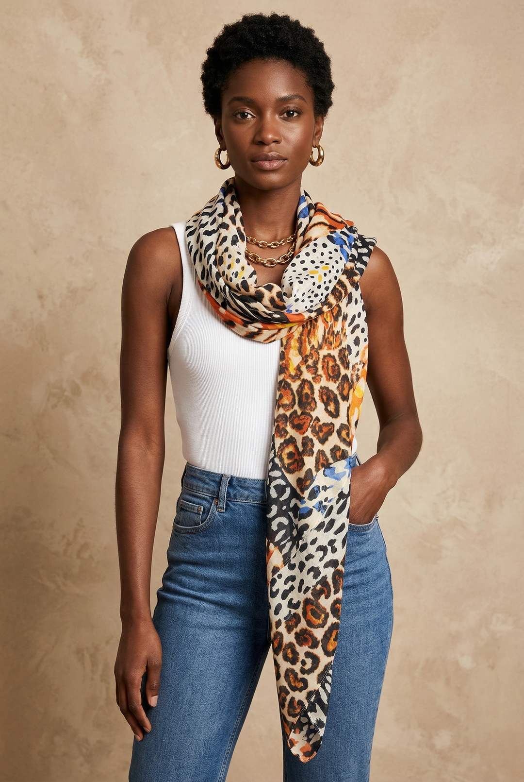 Neutral-and-orange-leopard-print-cotton-scarf