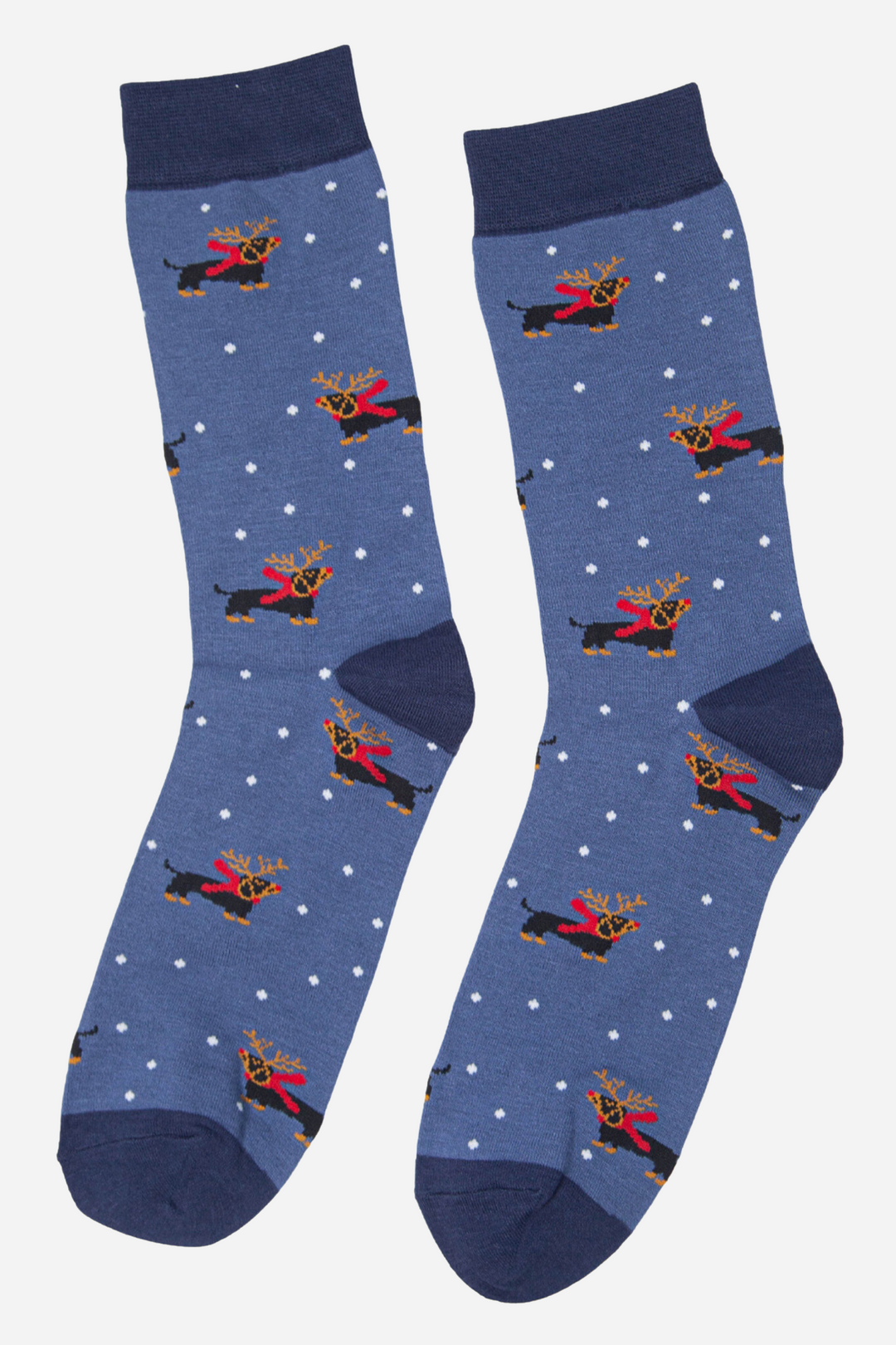 blue bamboo socks with a pattern of sausage dogs wearing reindeer antlers