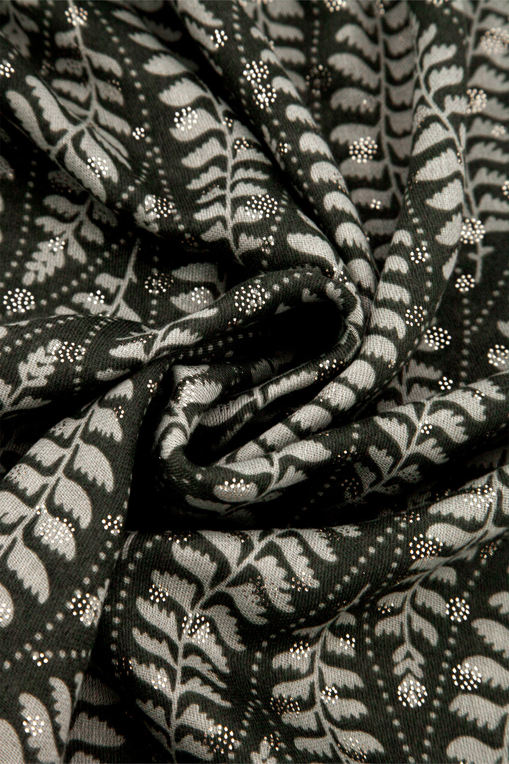 clover-khaki-fern-leaf-lightweight-scarf-close-up-gold-foil-accents