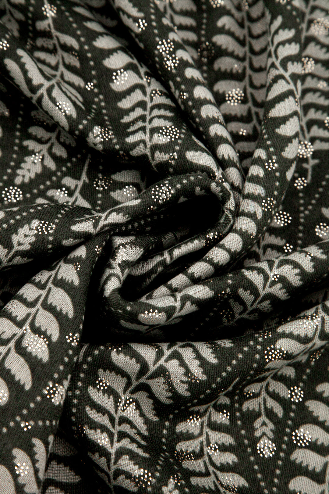 clover-khaki-fern-leaf-lightweight-scarf-close-up-gold-foil-accents