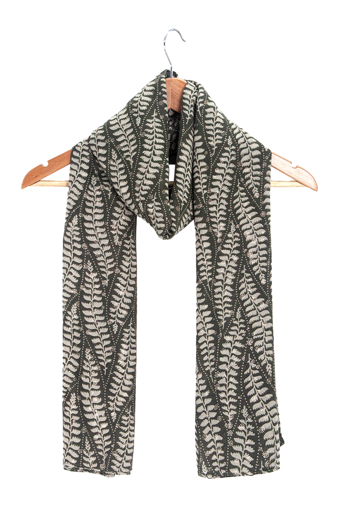 clover-khaki-fern-leaf-lightweight-scarf-draped-on-coat-hanger