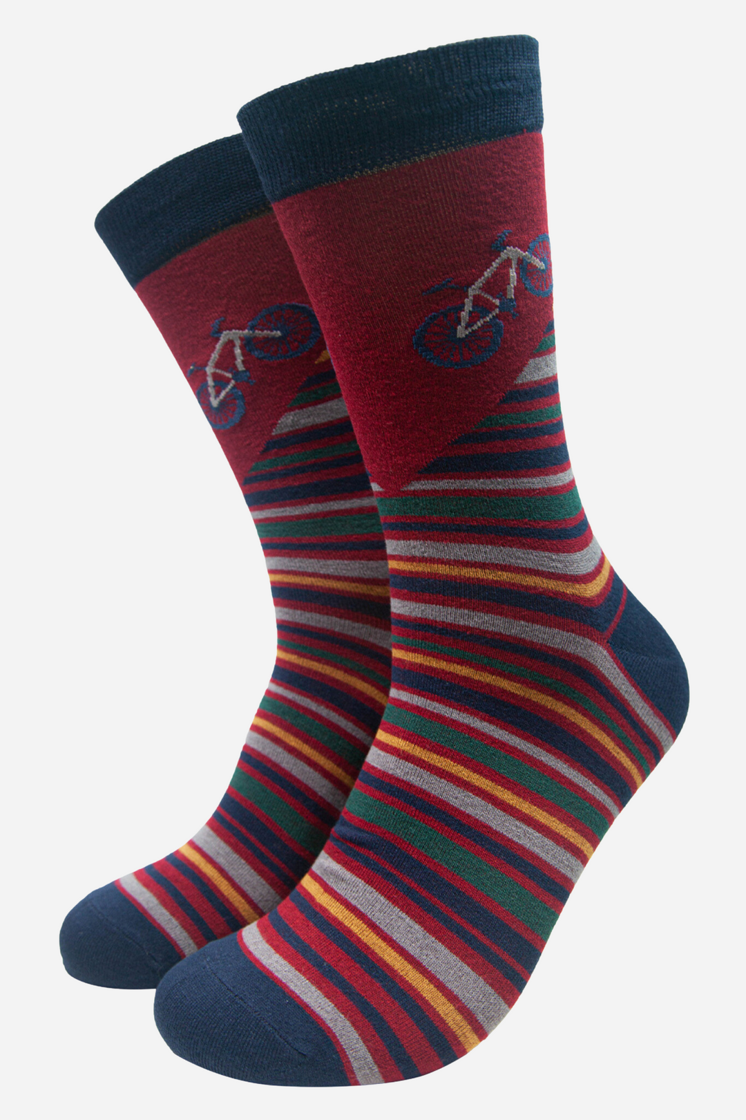 burgundy and multicoloured striped socks with a large mountain bike motif on the ankle