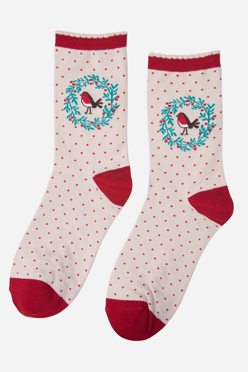 cream and red dot pattern socks with a red robin and green holly wreath