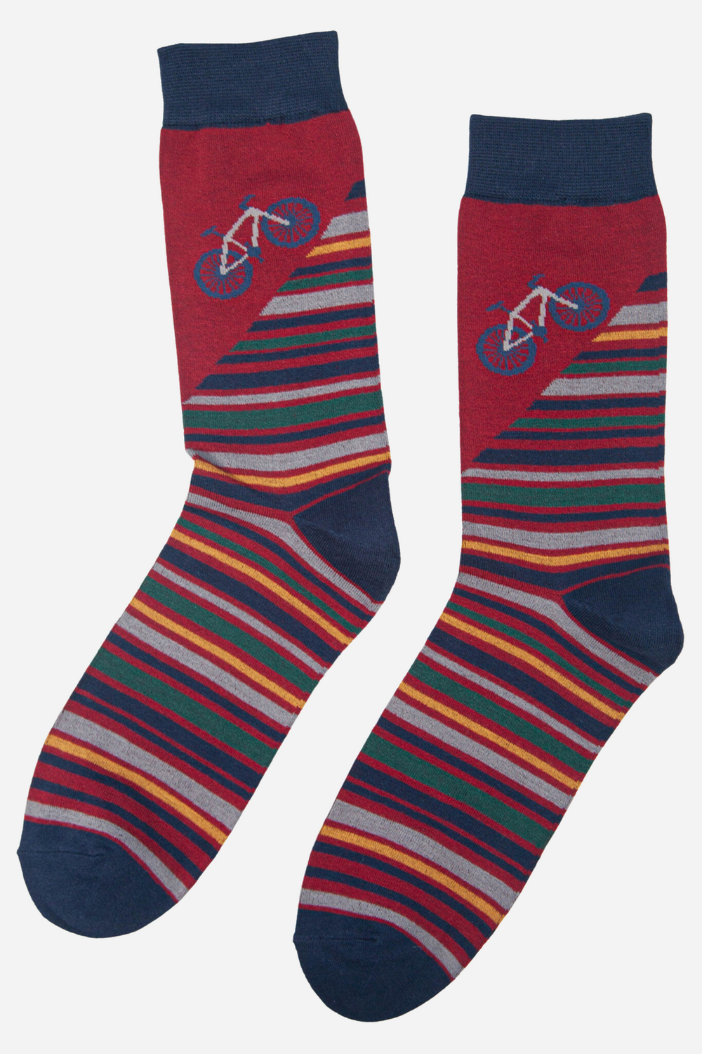 burgundy and navy blue mountain bike socks, the socks are striped with a single large bike on the ankle