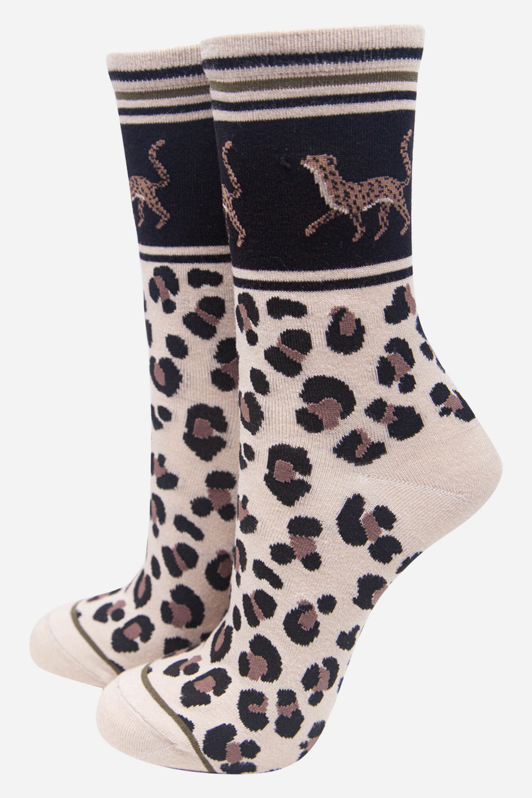 neutral leopard print socks with a contasting ankle panel featuring a cheetah cat