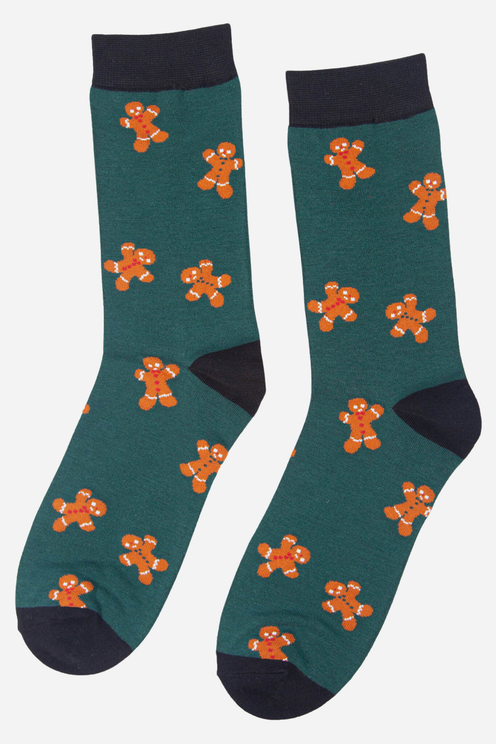 green crew socks with a pattern of orange gingerbread men