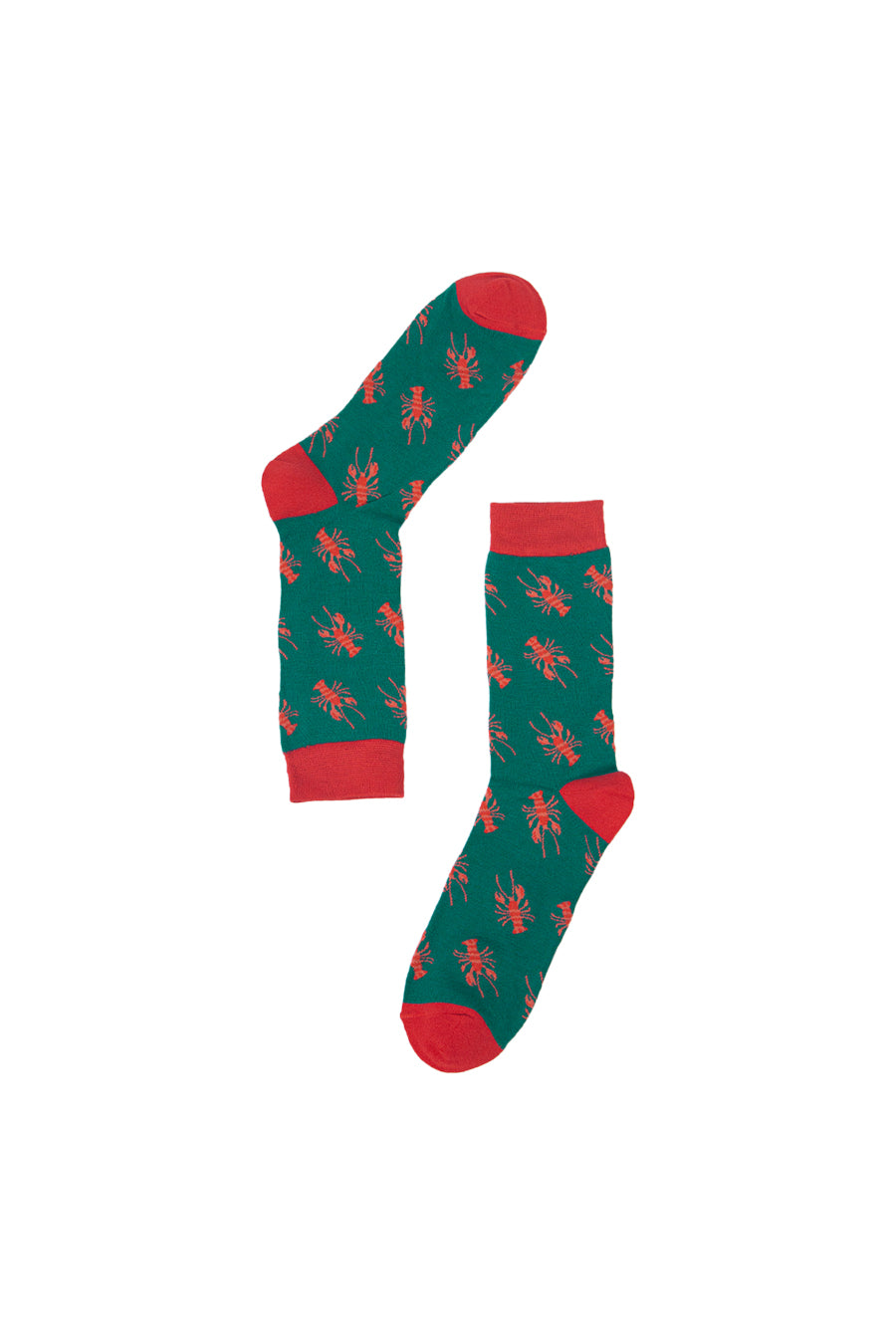 green socks with an all over pattern of red lobsters