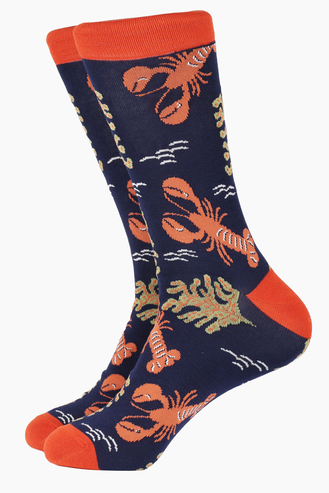 navy blue bamboo socks with an all over pattern of prange lobsters and coral plant life