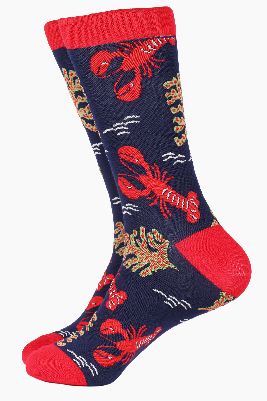navy blue bamboo socks with an all over pattern of red lobsters and coral plant life