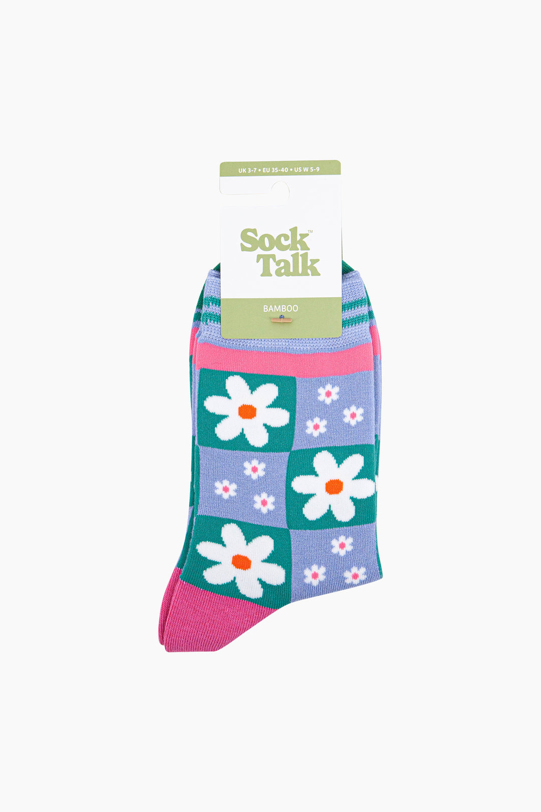 Flower-Checkerboard-Bamboo-Socks-in-Blue-In-Packaging