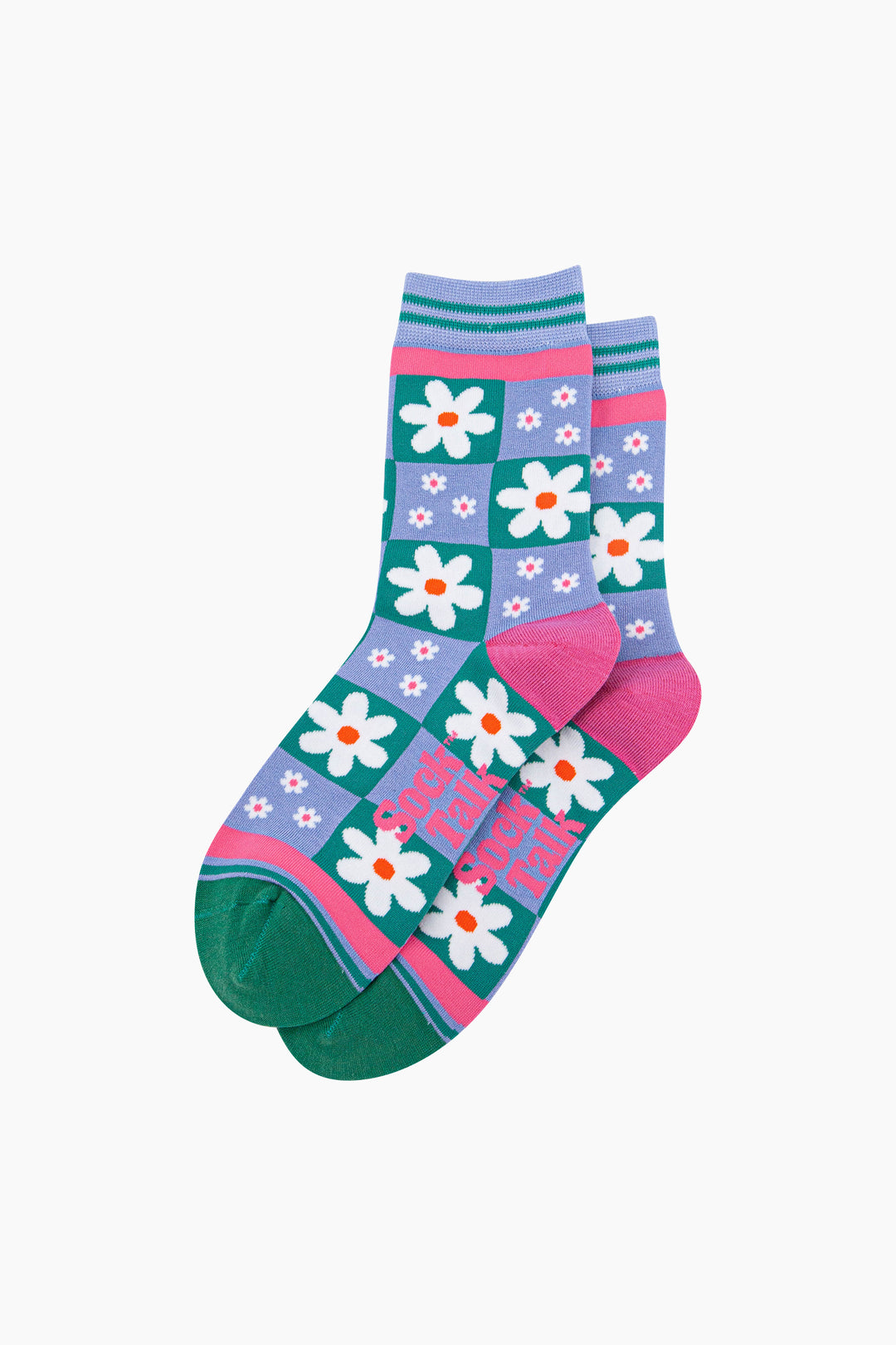 Flower-Checkerboard-Bamboo-Socks-in-Blue-Lying-Flat