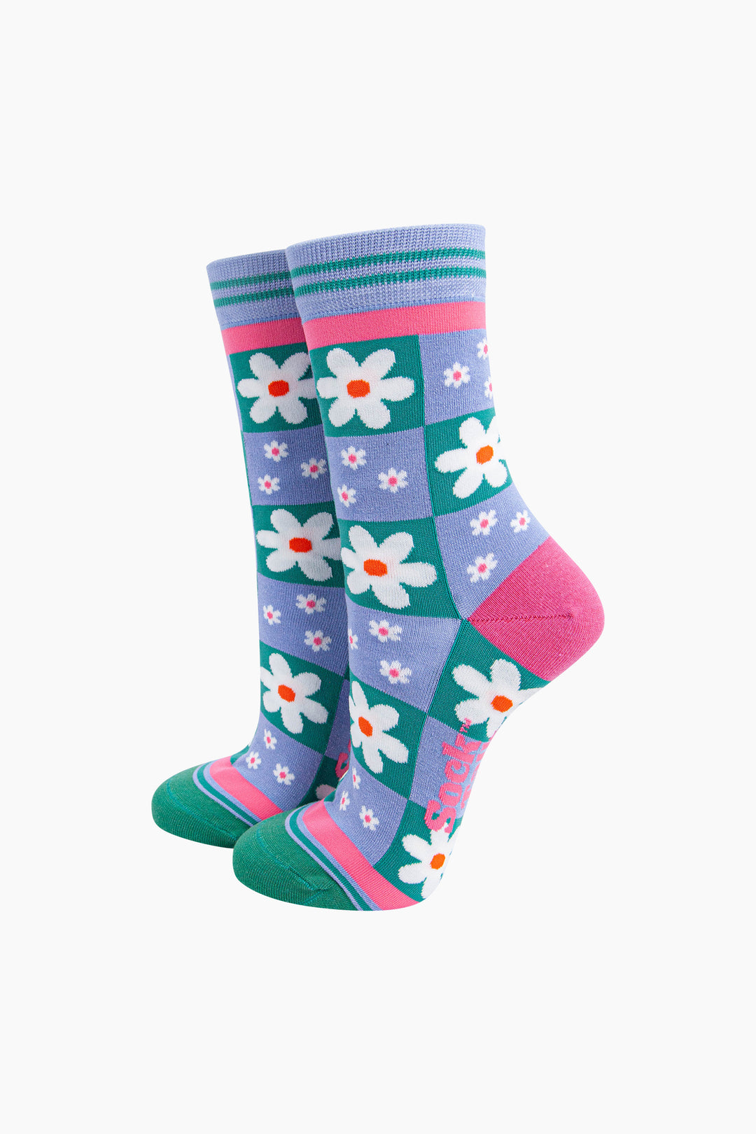 Flower-Checkerboard-Bamboo-Socks-in-Blue-Mannequin