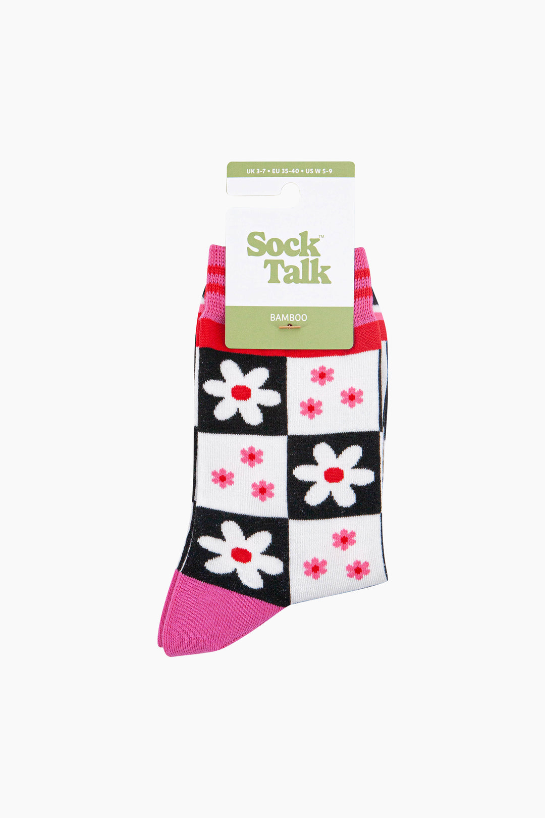 Flower-Checkerboard-Bamboo-Socks-in-Black/White-In-Packaging