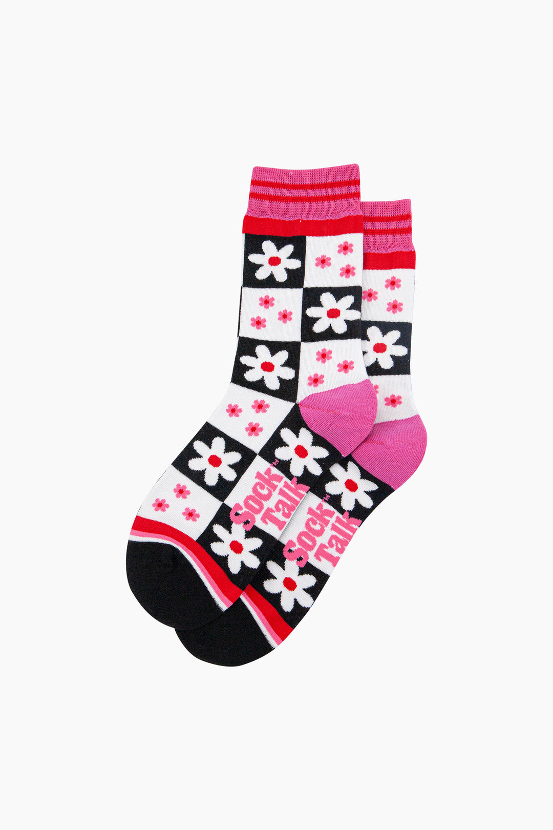 Flower-Checkerboard-Bamboo-Socks-in-Black/White-Lying-Flat