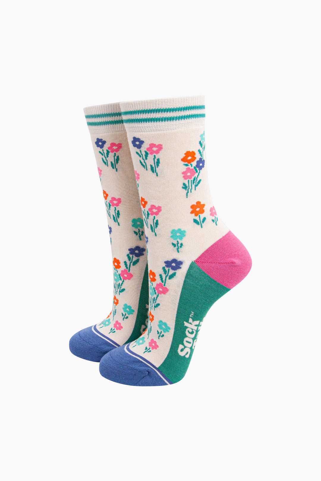 Wildflowers-Bamboo-Socks-in-Cream-On-Foot-Mannequin