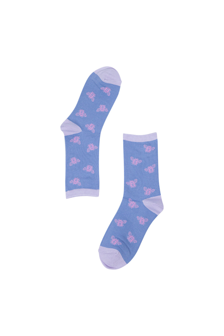 blue lilac socks with an all over pattern of bees