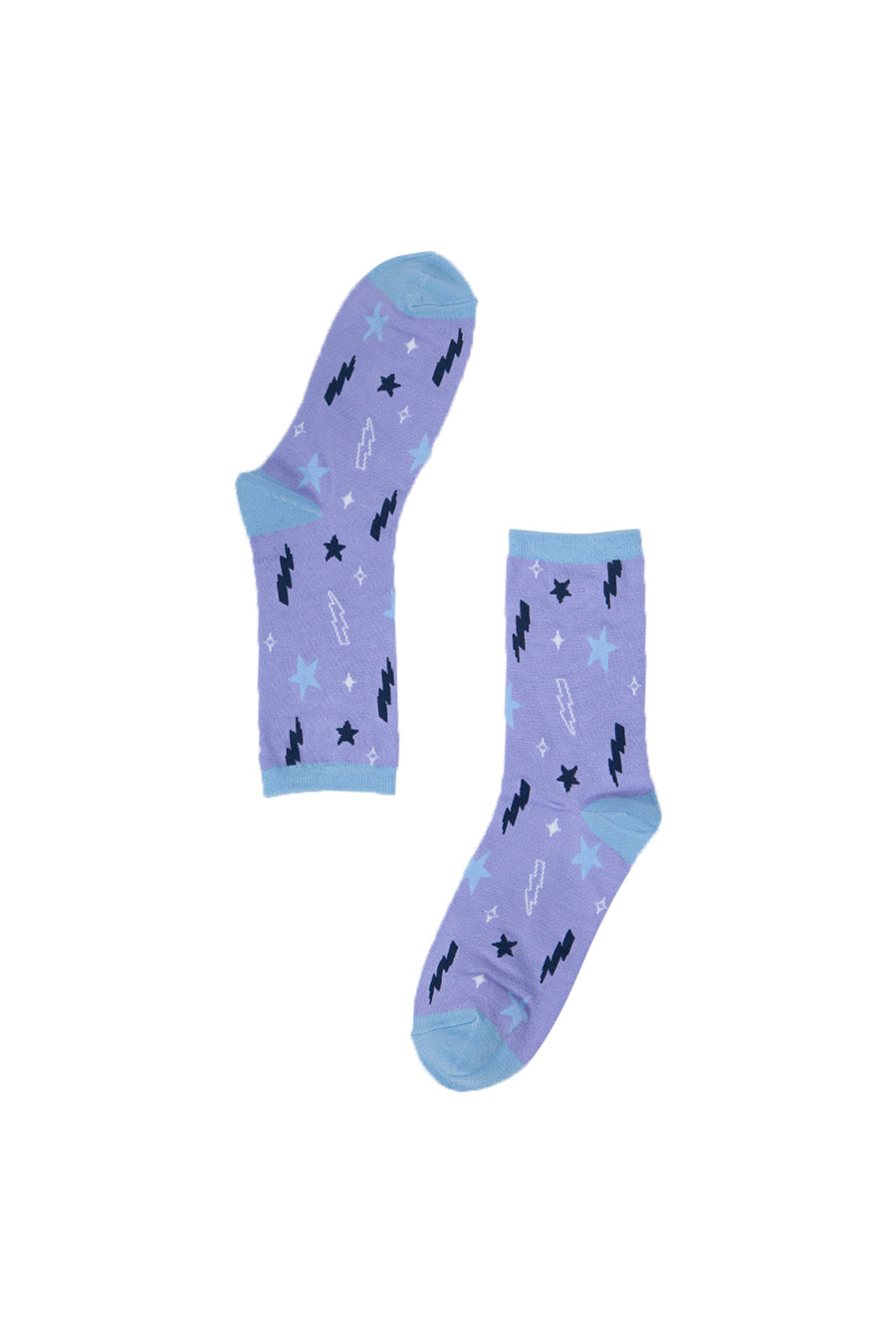 lilac socks with a lightning bolt and star print pattern all over