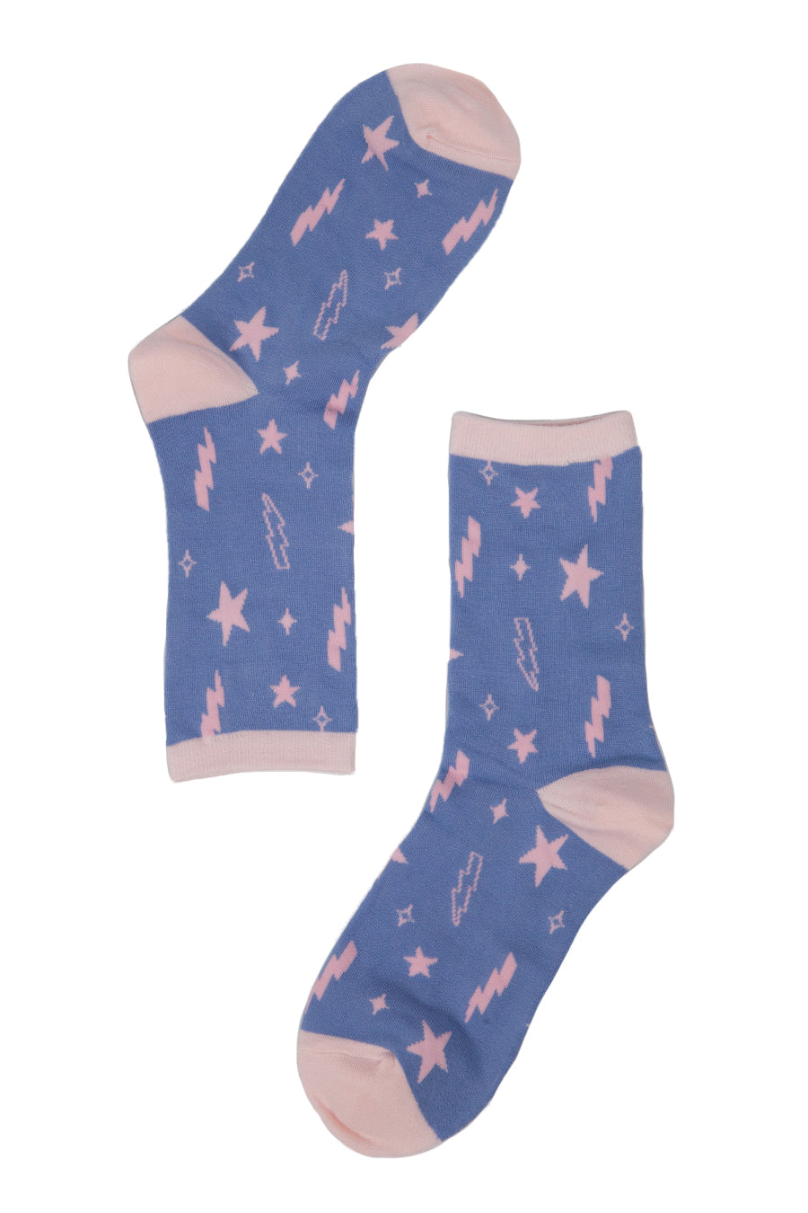 lilac socks with a lightning bolt and star print pattern all over