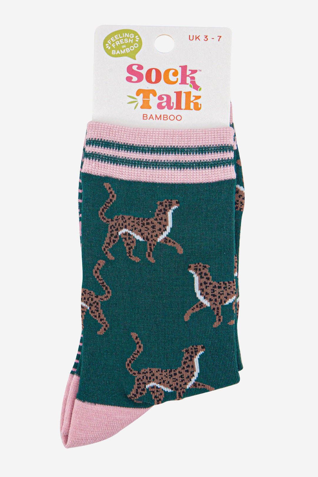 womens-bamboo-socks-forest-green-light-pink-winter-cheetah-in-sock-talk-packaging