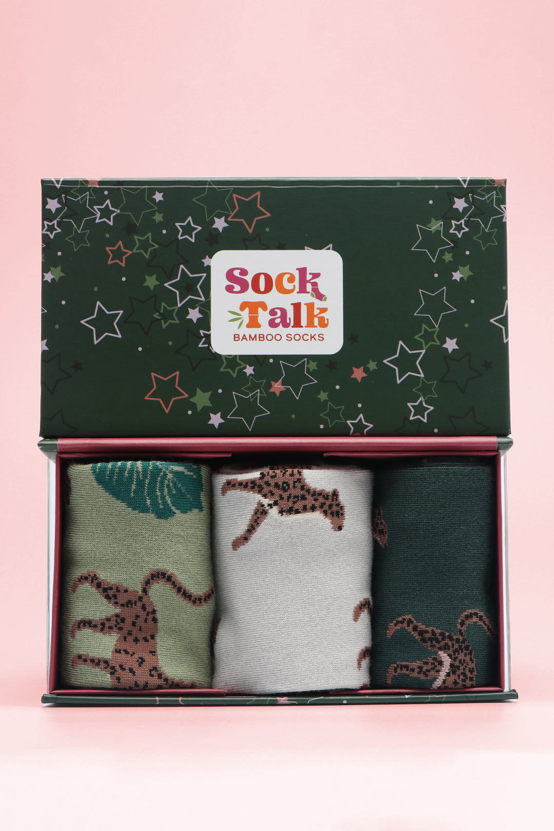 green star print gift box with three pairs of jungle cheetah bamboo socks