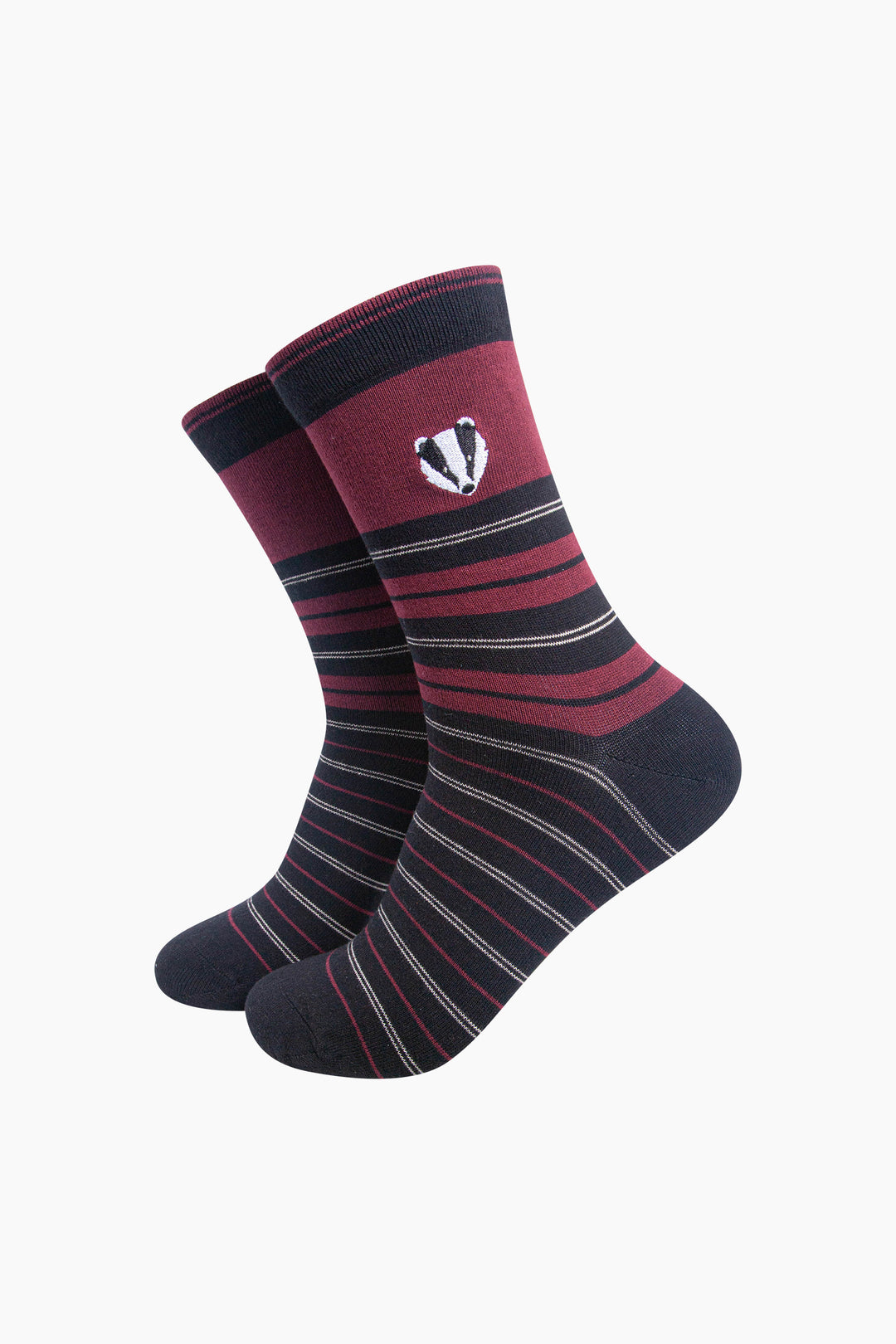 Badger-Combed-Cotton-Pattern-Embroidered-Socks-in-Burgundy-On-Mannequin