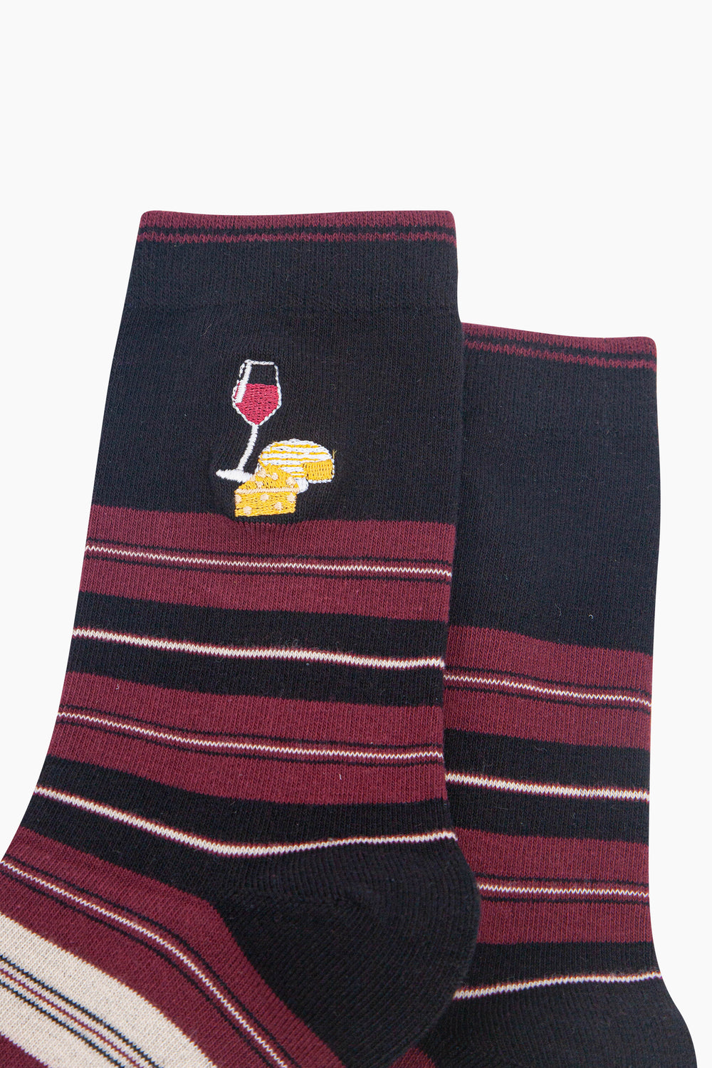 Cheese-&-Wine-Combed-Cotton-Pattern-Embroidered-Socks-in-Black-Close-Up