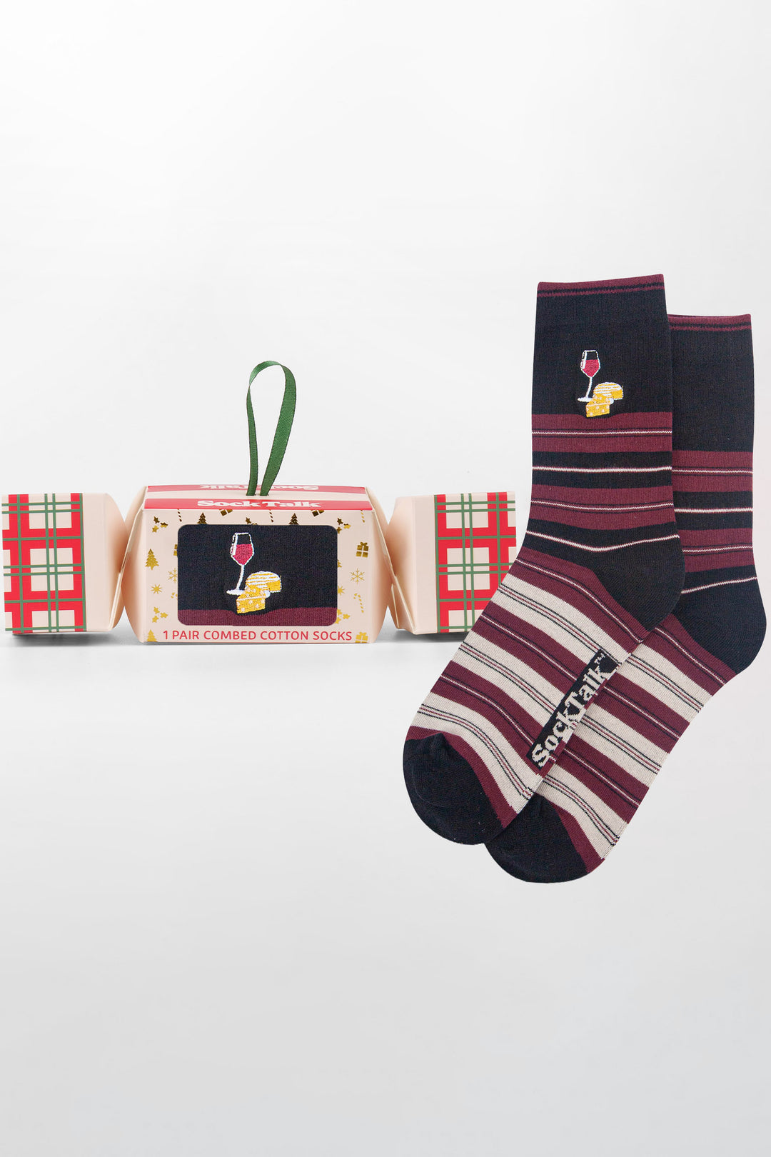 Wine-&-Cheese-Embroidered-Combed-Cotton-Crew-Socks-Christmas-Cracker-Gift-Box-in-Black/Red