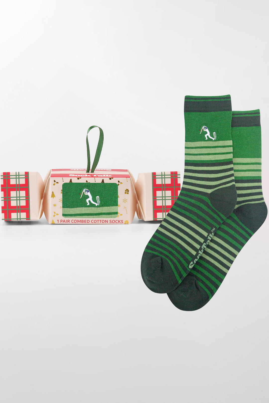 Cricket-Player-Embroidered-Combed-Cotton-Crew-Socks-Christmas-Cracker-Gift-Box-in-Green