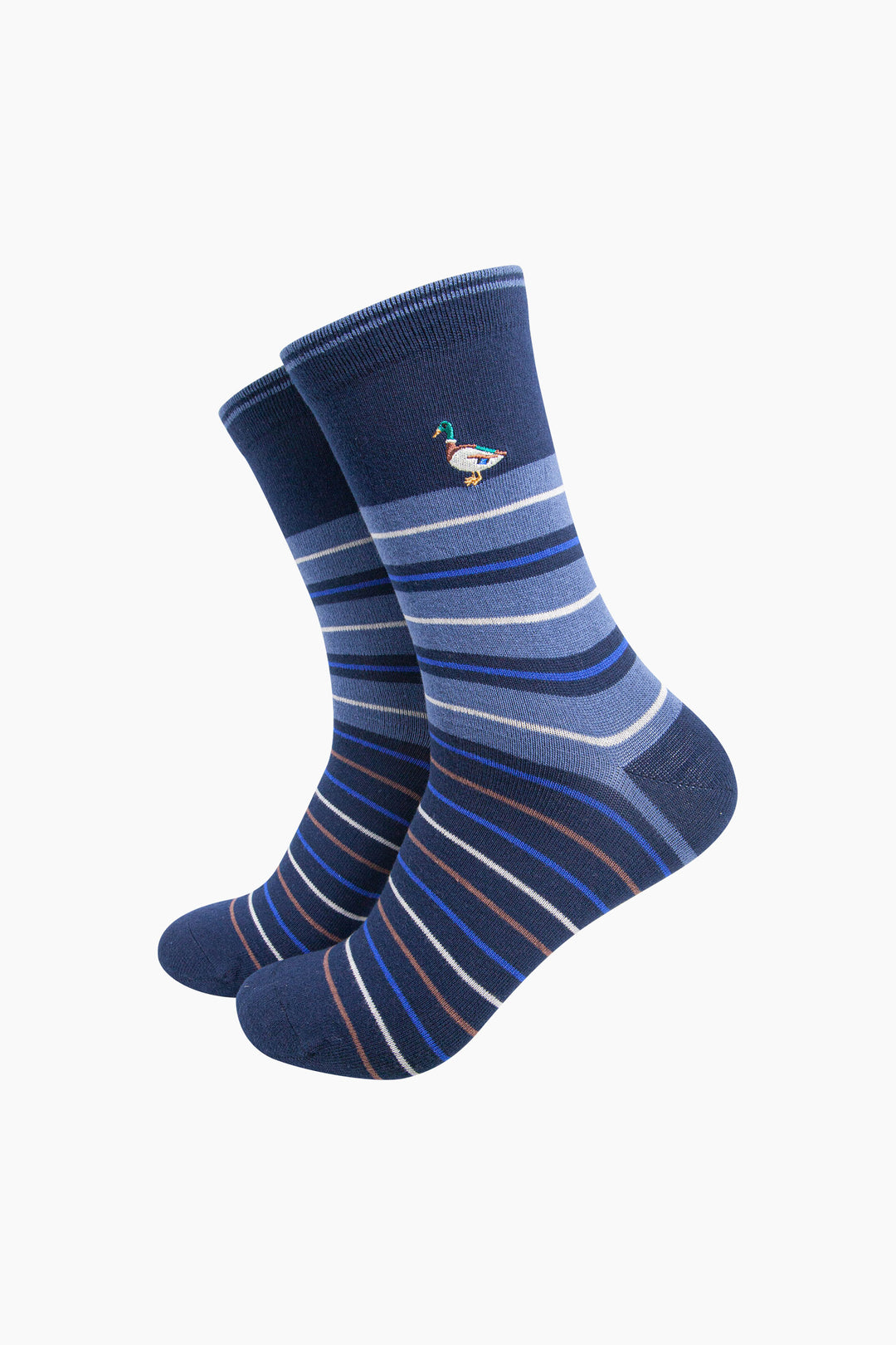 Mallard-Duck-Combed-Cotton-Pattern-Embroidered-Socks-in-Navy-Blue-On-Mannequin