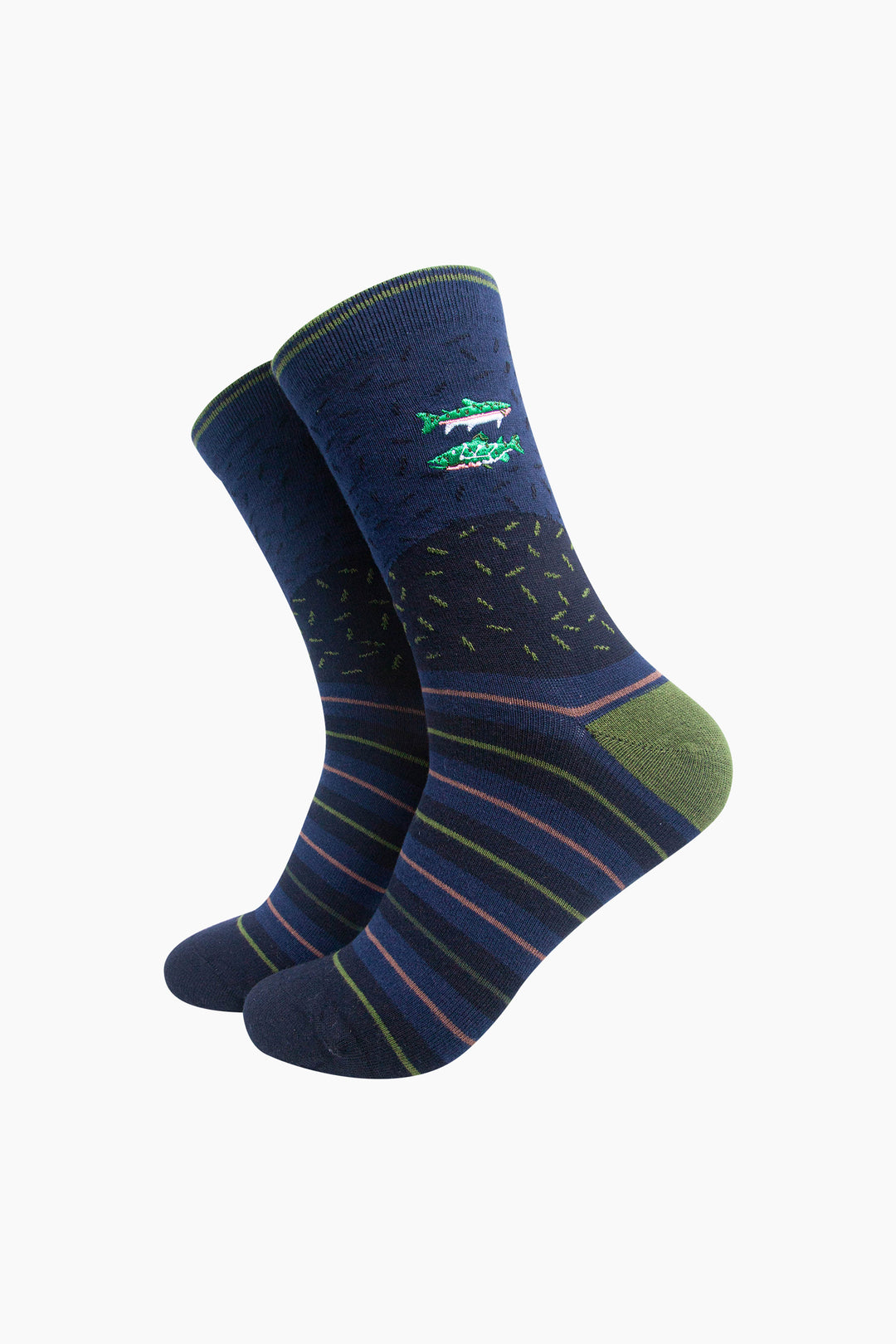 River-Fish-Combed-Cotton-Pattern-Embroidered-Socks-in-Deep-Blue-On-Mannequin
