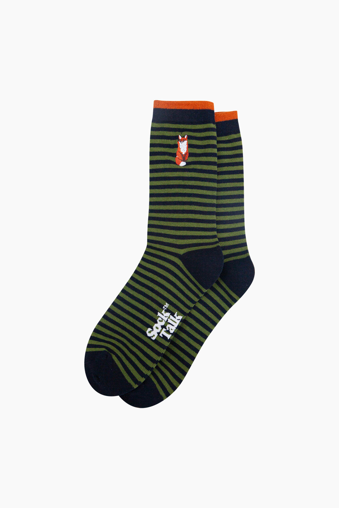 Embroidered-Fox-Striped-Combed-Cotton-Socks-in-Black/Green-Lying-Flat