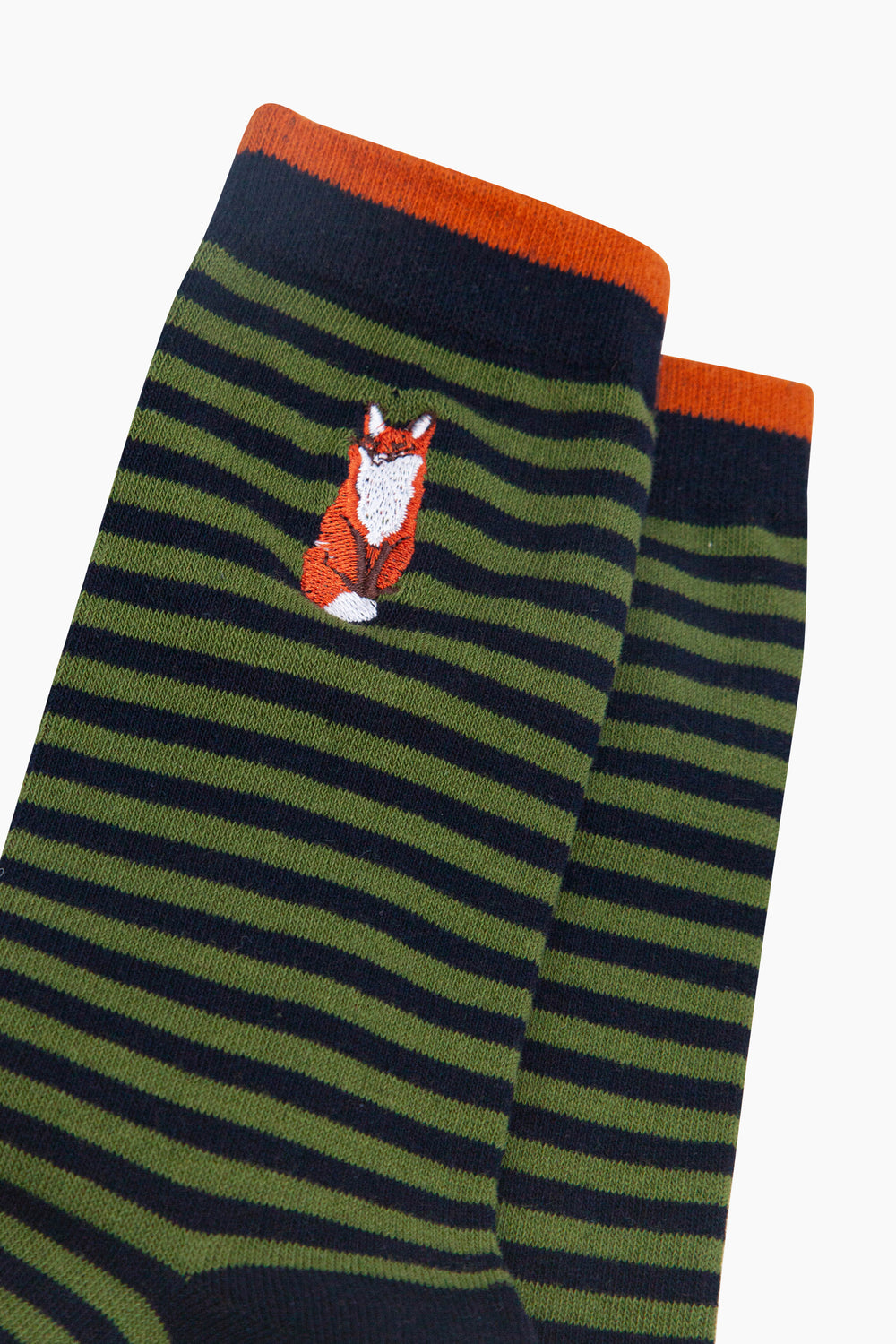 Embroidered-Fox-Striped-Combed-Cotton-Socks-in-Black/Green-Closeup