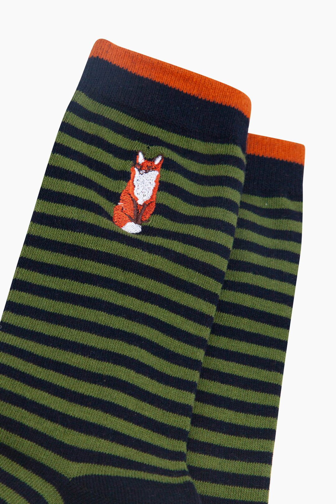 Embroidered-Fox-Striped-Combed-Cotton-Socks-in-Black/Green-Closeup