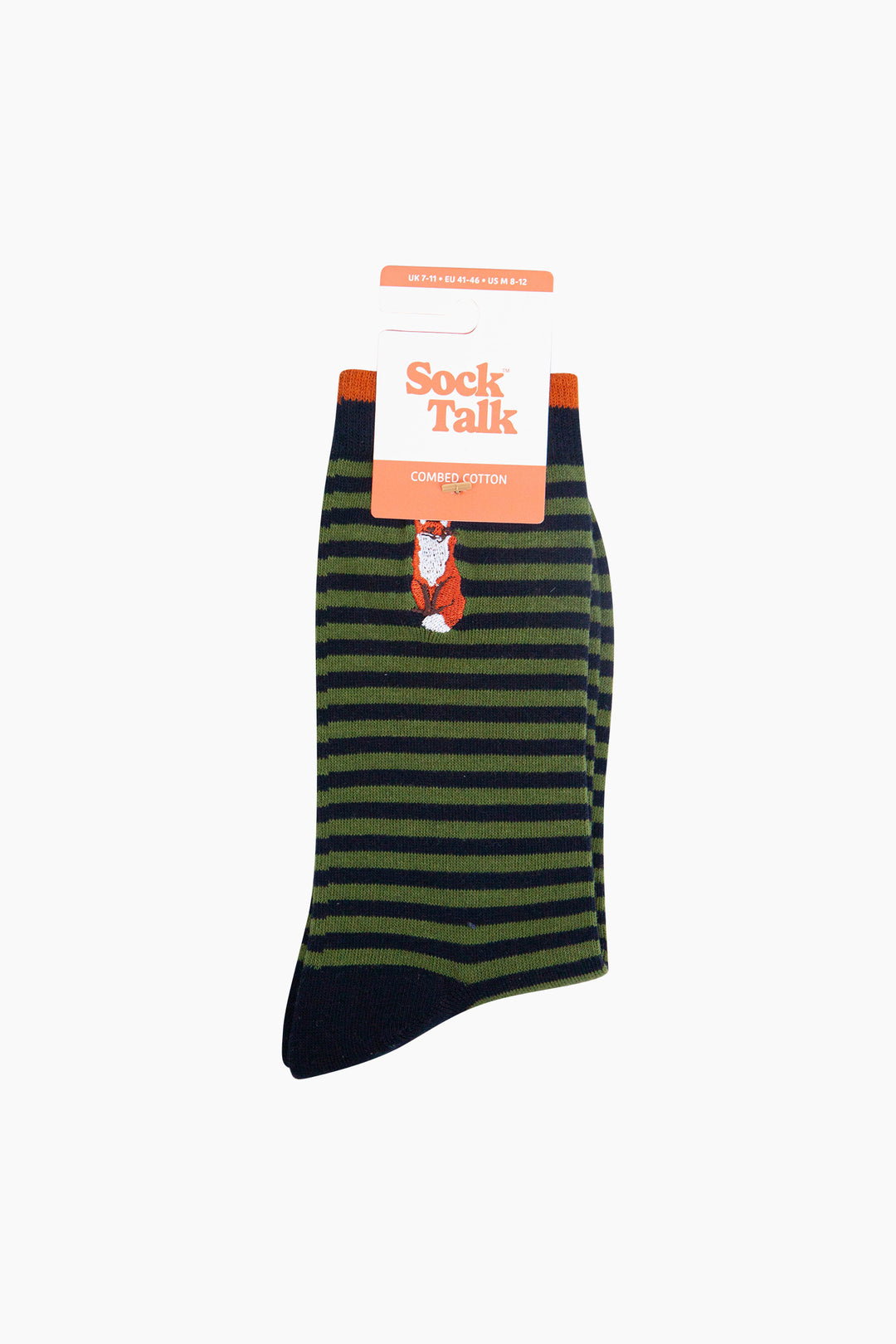 Embroidered-Fox-Striped-Combed-Cotton-Socks-in-Black/Green-In-Packaging