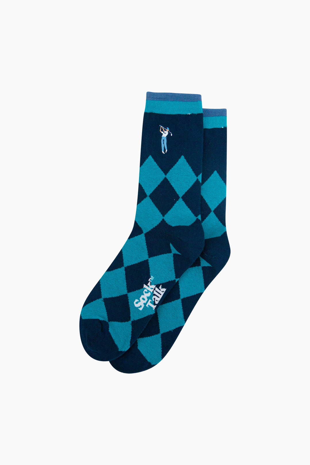 Embroidered-Golfer-Argyle-Combed-Cotton-Socks-in-Blue-Lying-Flat