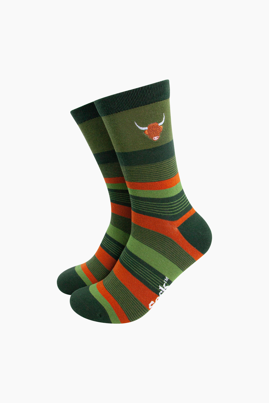 Embroidered-Highland-Cow-Striped-Combed-Cotton-Socks-in-Khaki-Mannequin