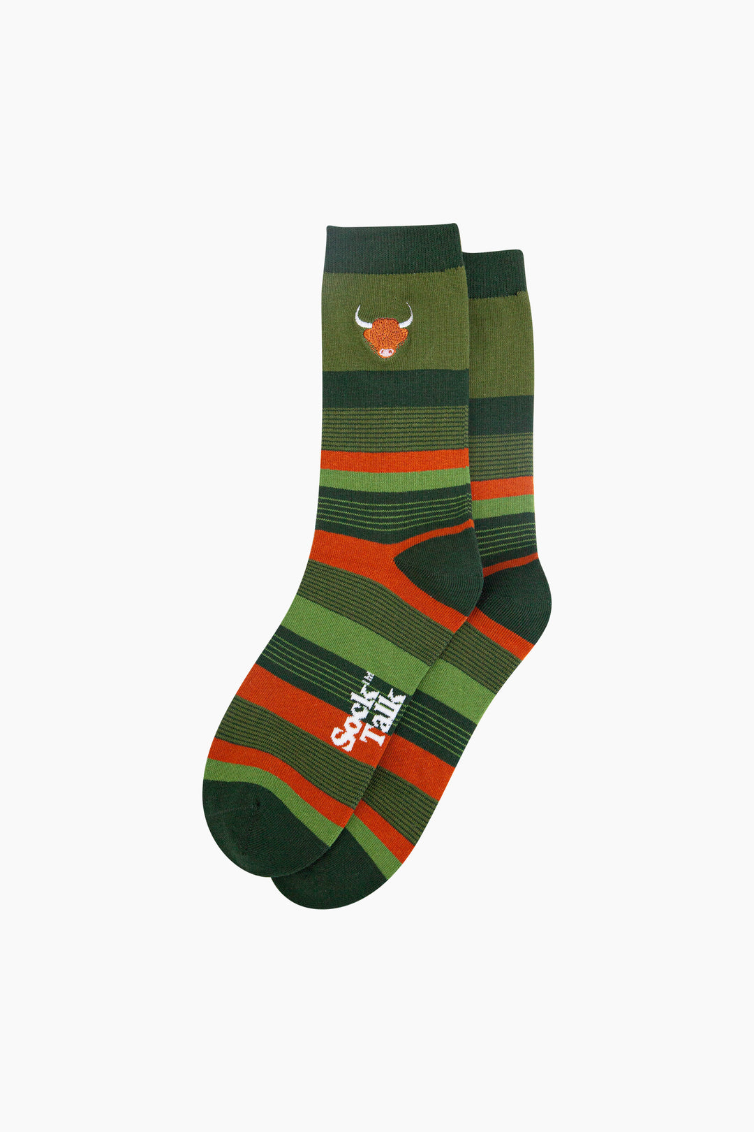 Embroidered-Highland-Cow-Striped-Combed-Cotton-Socks-in-Khaki-Lying-Flat