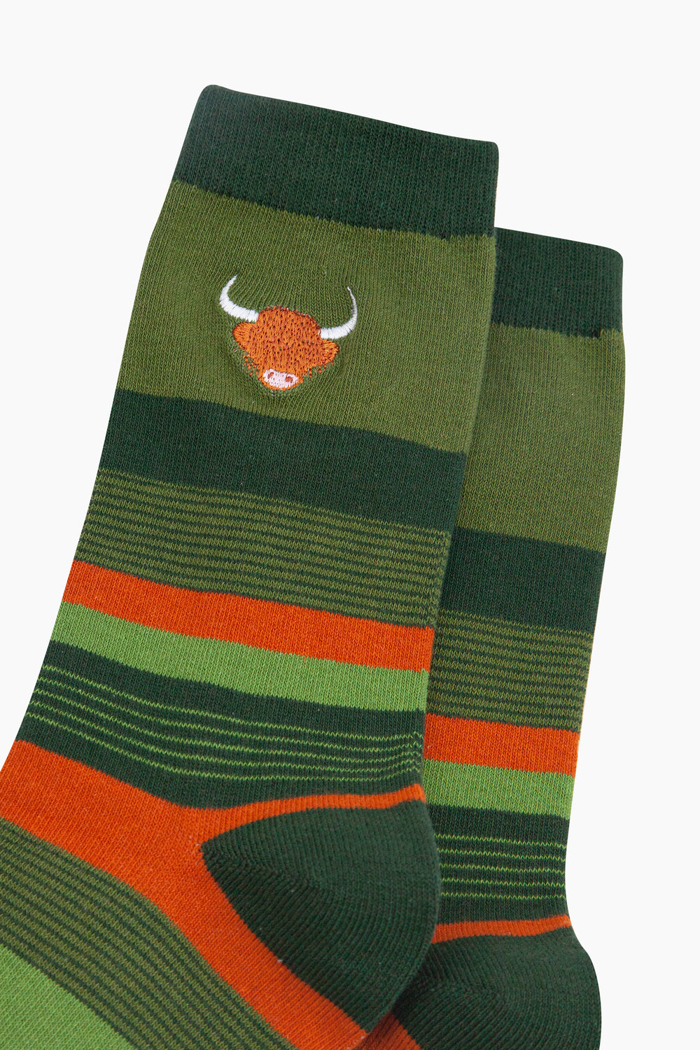 Embroidered-Highland-Cow-Striped-Combed-Cotton-Socks-in-Khaki-Closeup
