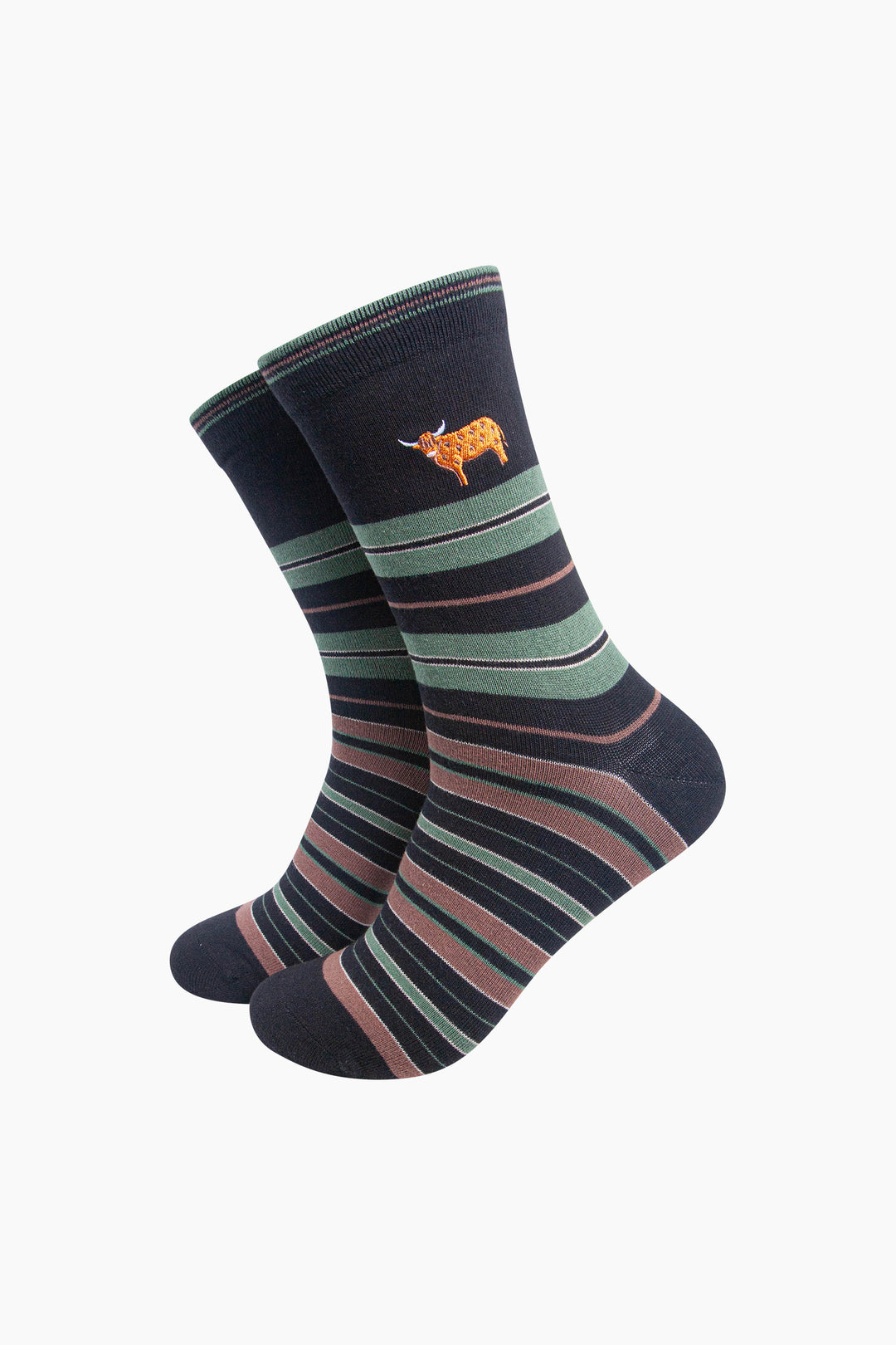 Highland-Cow-Combed-Cotton-Pattern-Embroidered-Socks-in-Black/Sage-Green-On-Mannequin