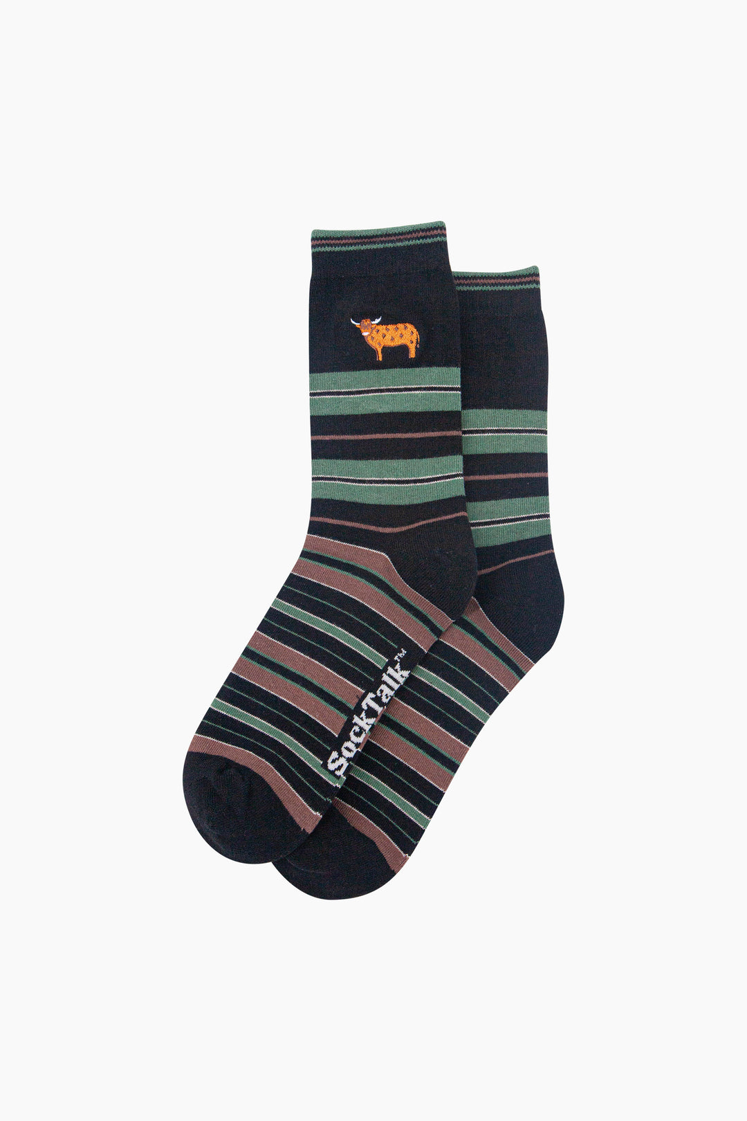 Highland-Cow-Combed-Cotton-Pattern-Embroidered-Socks-in-Black/Sage-Green-Laid-Flat