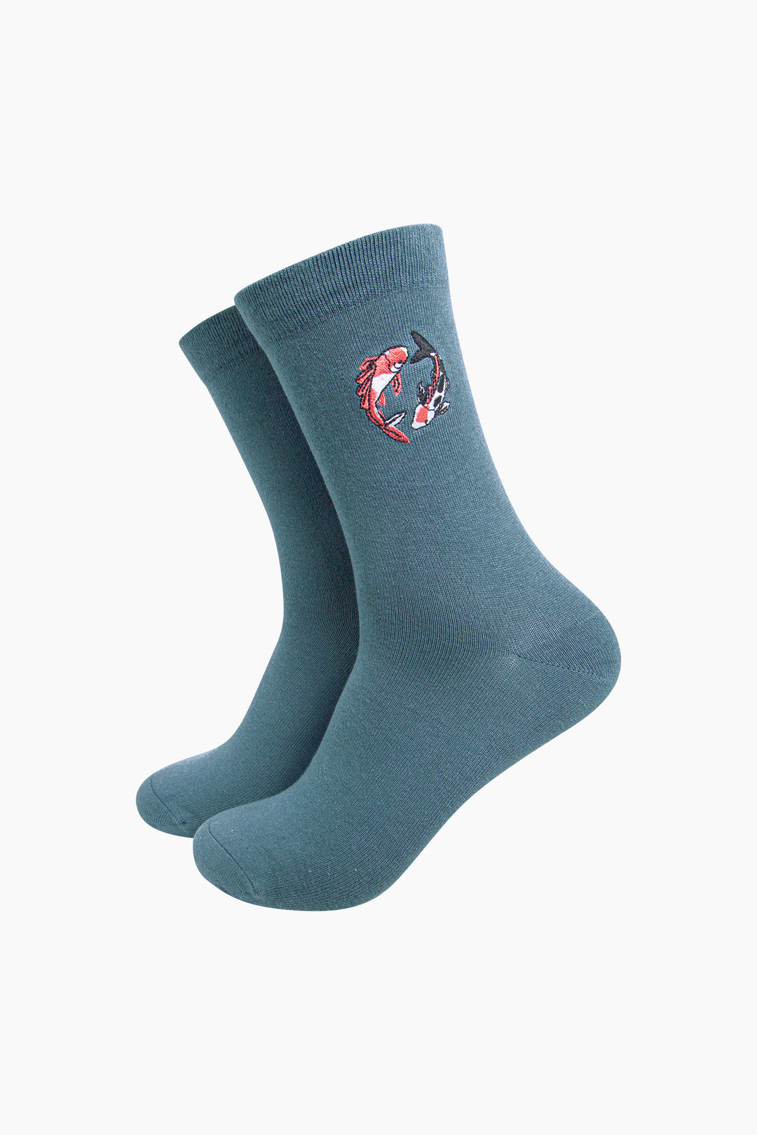 Koi-Fish-Combed-Cotton-Pattern-Embroidered-Socks-in-Teal-On-Mannequin