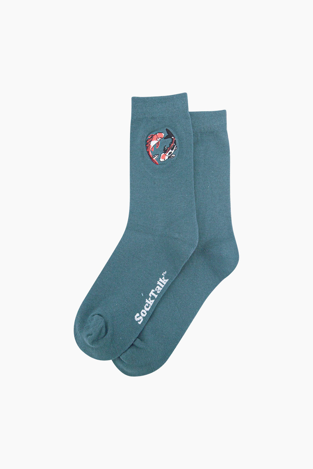 Koi-Fish-Combed-Cotton-Pattern-Embroidered-Socks-in-Teal-Laid-Flat
