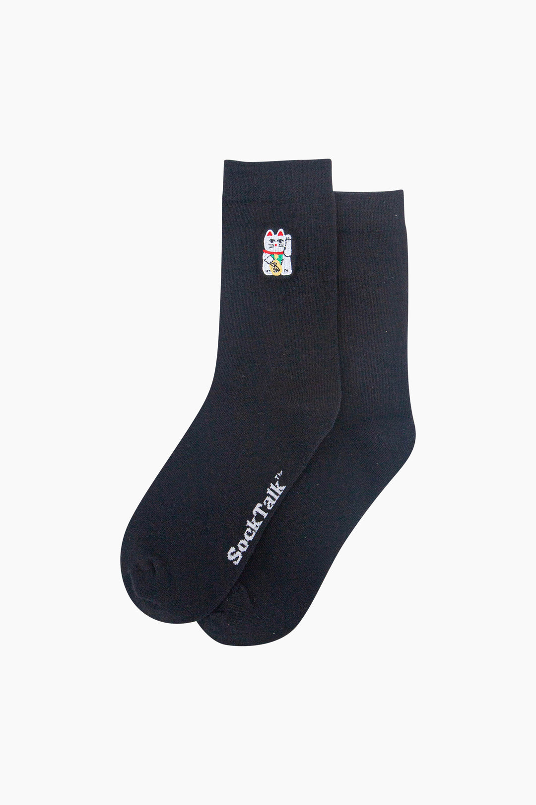 Lucky-Cat-Combed-Cotton-Pattern-Embroidered-Socks-in-Black-Laid-Flat